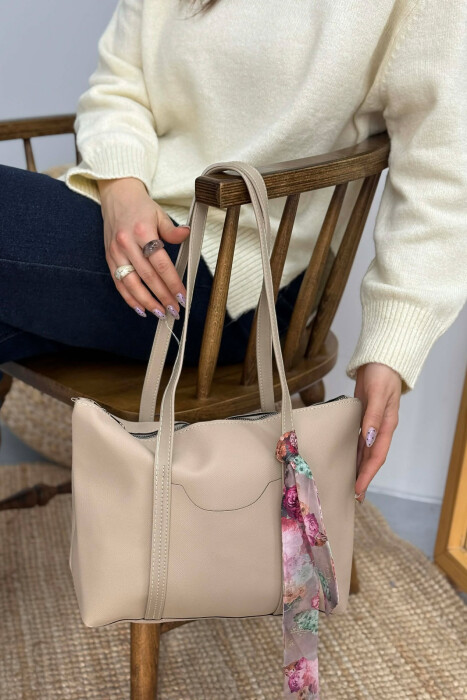 ONE COLOR ZIPPER SCARF DETAIL WOMEN BAG BEIGE/BEZHE 