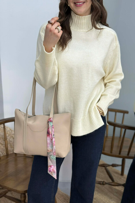ONE COLOR ZIPPER SCARF DETAIL WOMEN BAG BEIGE/BEZHE - 3