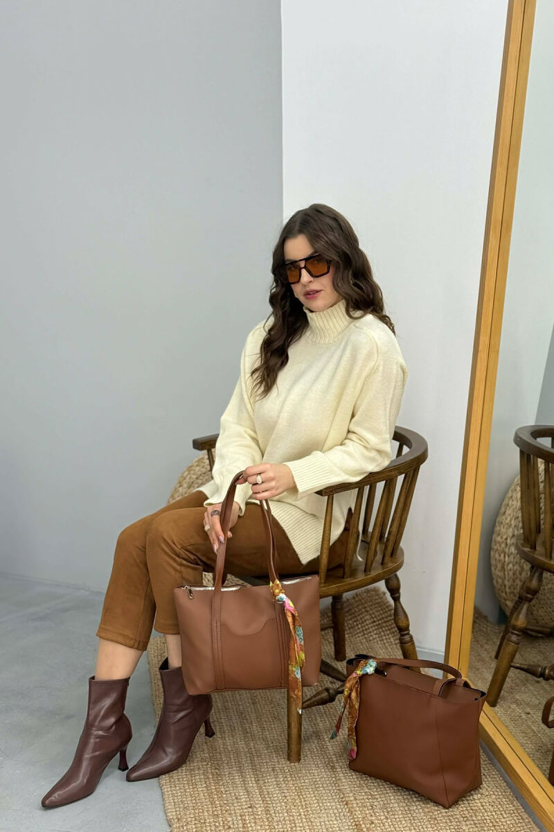 ONE COLOR ZIPPER SCARF DETAIL WOMEN BAG BROWN/KAFE - 3