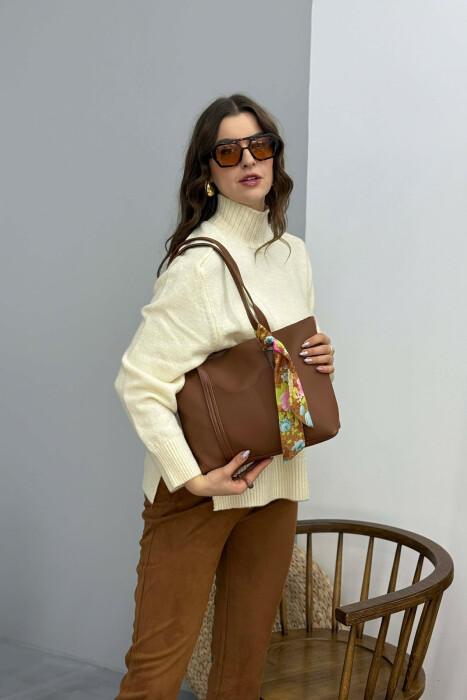 ONE COLOR ZIPPER SCARF DETAIL WOMEN BAG BROWN/KAFE - 5
