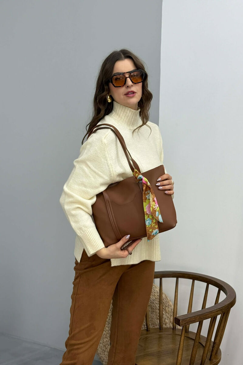 ONE COLOR ZIPPER SCARF DETAIL WOMEN BAG BROWN/KAFE - 5