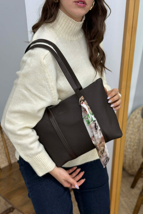 ONE COLOR ZIPPER SCARF DETAIL WOMEN BAG DARK BROWN/KAE - 1