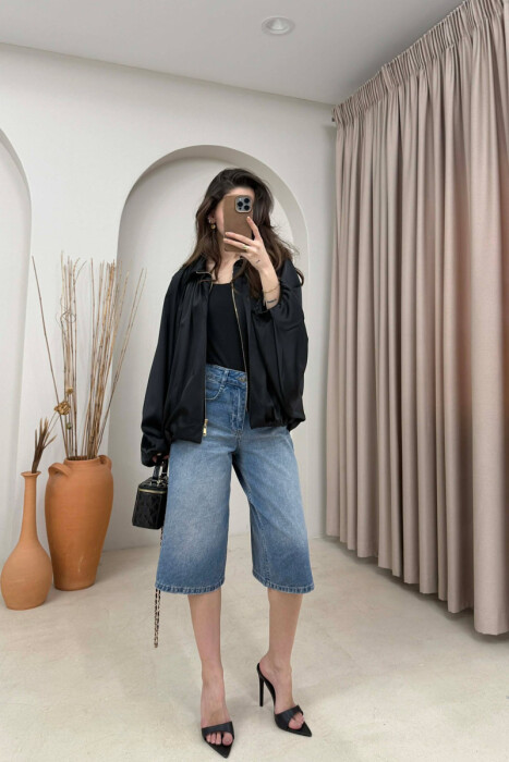 ONE COLOR ZIPPER SHINY WOMEN JACKET BLACK/ E ZEZE - 2