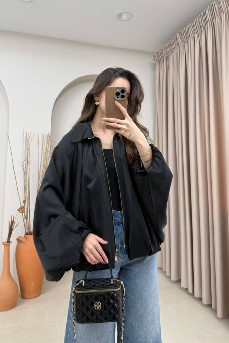 ONE COLOR ZIPPER SHINY WOMEN JACKET BLACK/ E ZEZE - 3