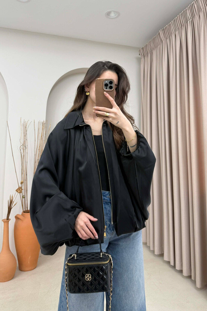 ONE COLOR ZIPPER SHINY WOMEN JACKET BLACK/ E ZEZE - 3