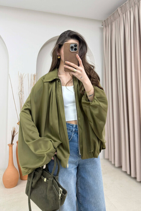 ONE COLOR ZIPPER SHINY WOMEN JACKET GREEN/JESHILE - 