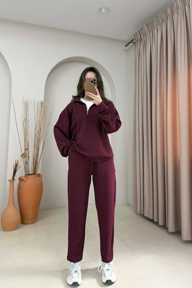 ONE COLOR ZIPPER SWEATSHIRT + SWEATPANTS WOMAN SET BURGUNDY/VISHNJE - 1