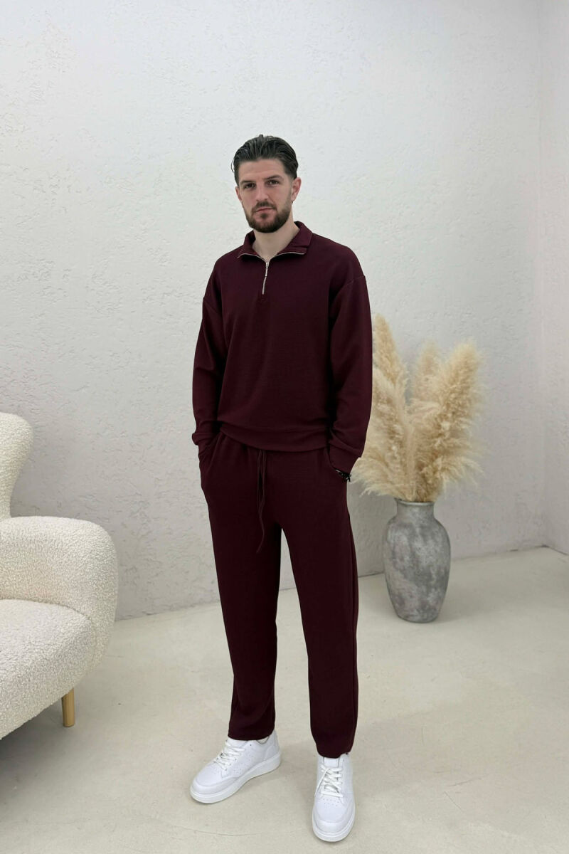 ONE COLOR ZIPPER SWEATSHIRT + SWEATPANTS MEN SET BURGUNDY/VISHNJE - 1