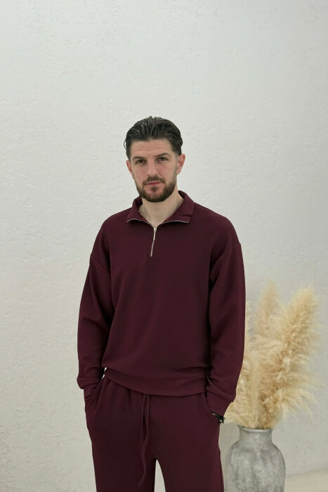 ONE COLOR ZIPPER SWEATSHIRT + SWEATPANTS MEN SET BURGUNDY/VISHNJE - 2