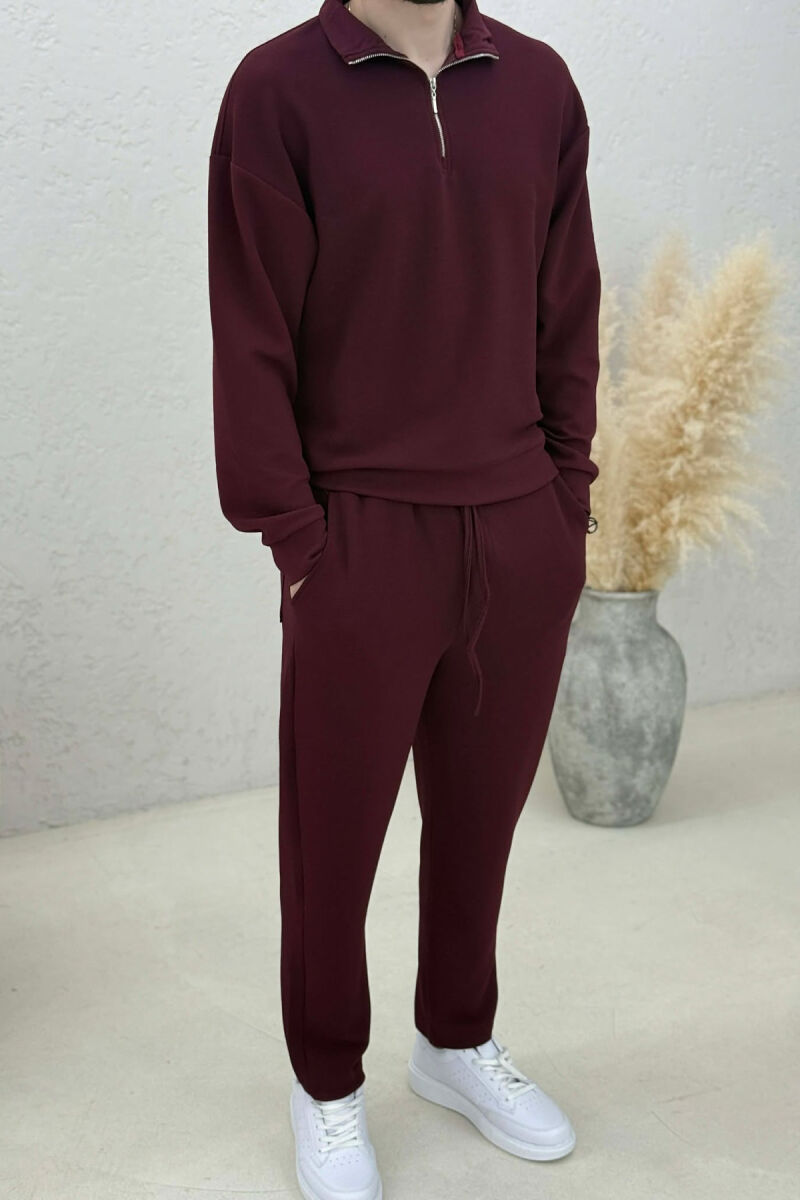 ONE COLOR ZIPPER SWEATSHIRT + SWEATPANTS MEN SET BURGUNDY/VISHNJE - 3