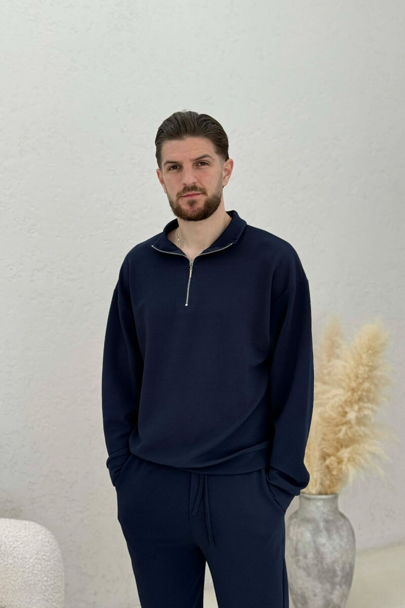 ONE COLOR ZIPPER SWEATSHIRT + SWEATPANTS MEN SET DARK BLUE/BEE - 2