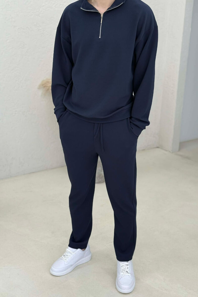ONE COLOR ZIPPER SWEATSHIRT + SWEATPANTS MEN SET DARK BLUE/BEE - 3