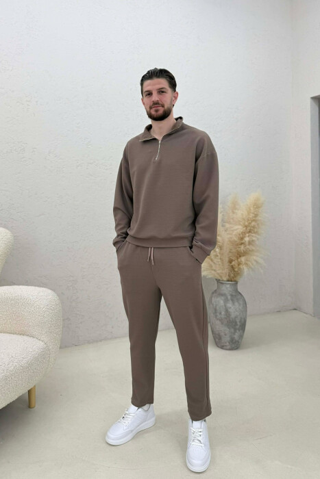 ONE COLOR ZIPPER SWEATSHIRT + SWEATPANTS MEN SET LIGHT BROWN/KAZB - 1