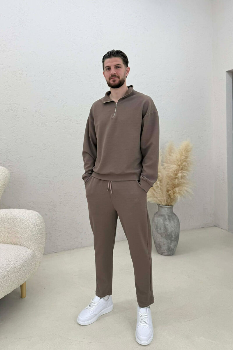 ONE COLOR ZIPPER SWEATSHIRT + SWEATPANTS MEN SET LIGHT BROWN/KAZB - 1