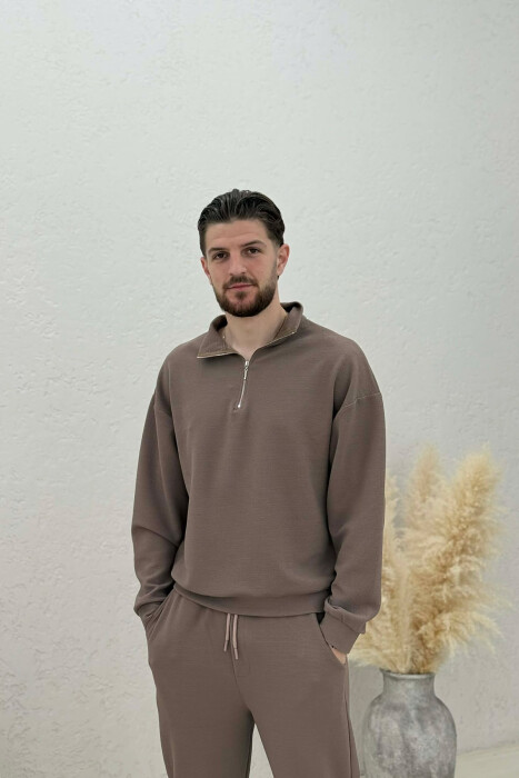 ONE COLOR ZIPPER SWEATSHIRT + SWEATPANTS MEN SET LIGHT BROWN/KAZB - 2
