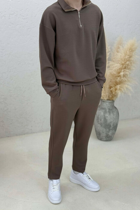 ONE COLOR ZIPPER SWEATSHIRT + SWEATPANTS MEN SET LIGHT BROWN/KAZB - 3