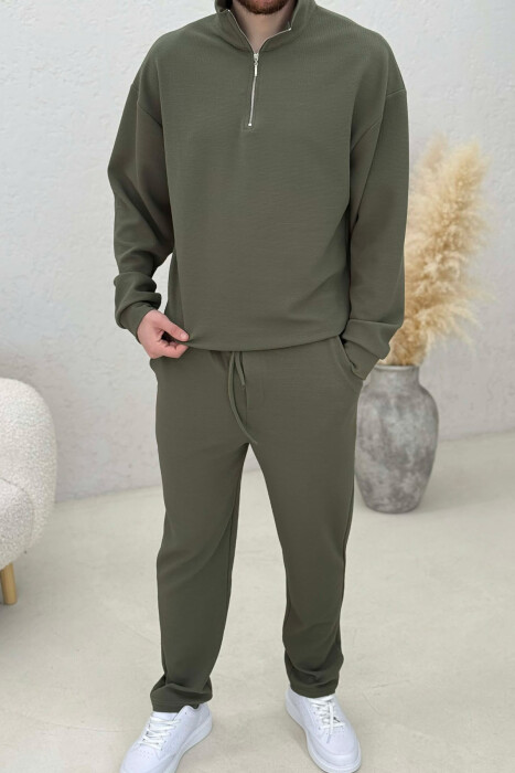 ONE COLOR ZIPPER SWEATSHIRT + SWEATPANTS MEN SET OLIVE/ULLI - 2