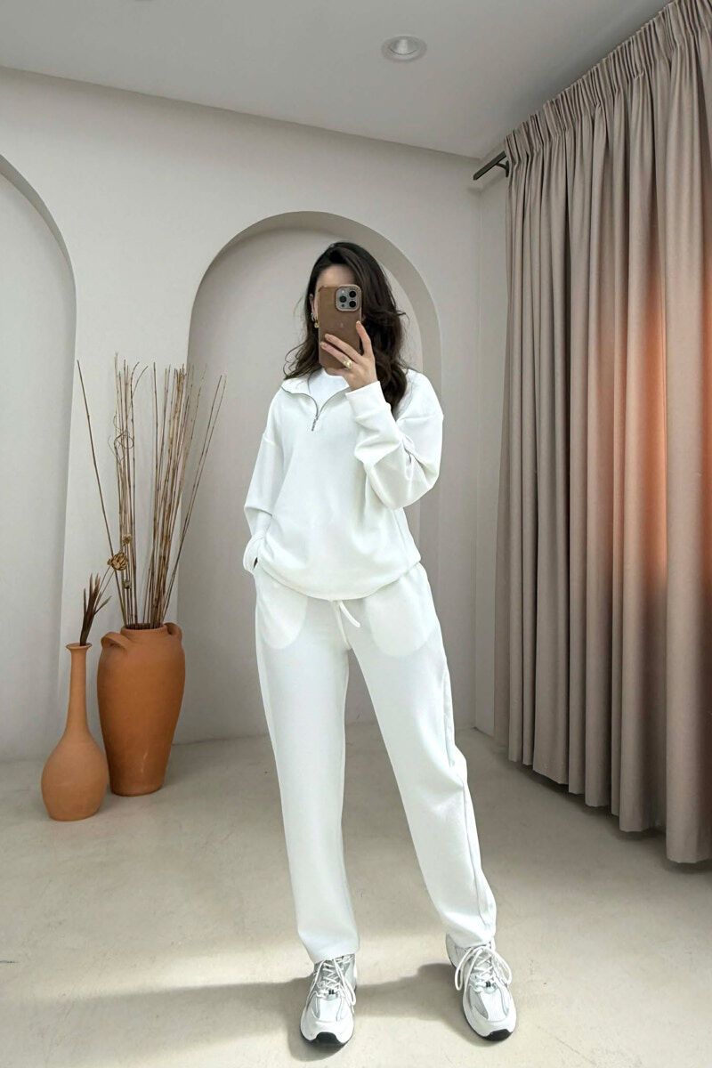 ONE COLOR ZIPPER SWEATSHIRT + SWEATPANTS WOMAN SET WHITE-E BARDHE - 1