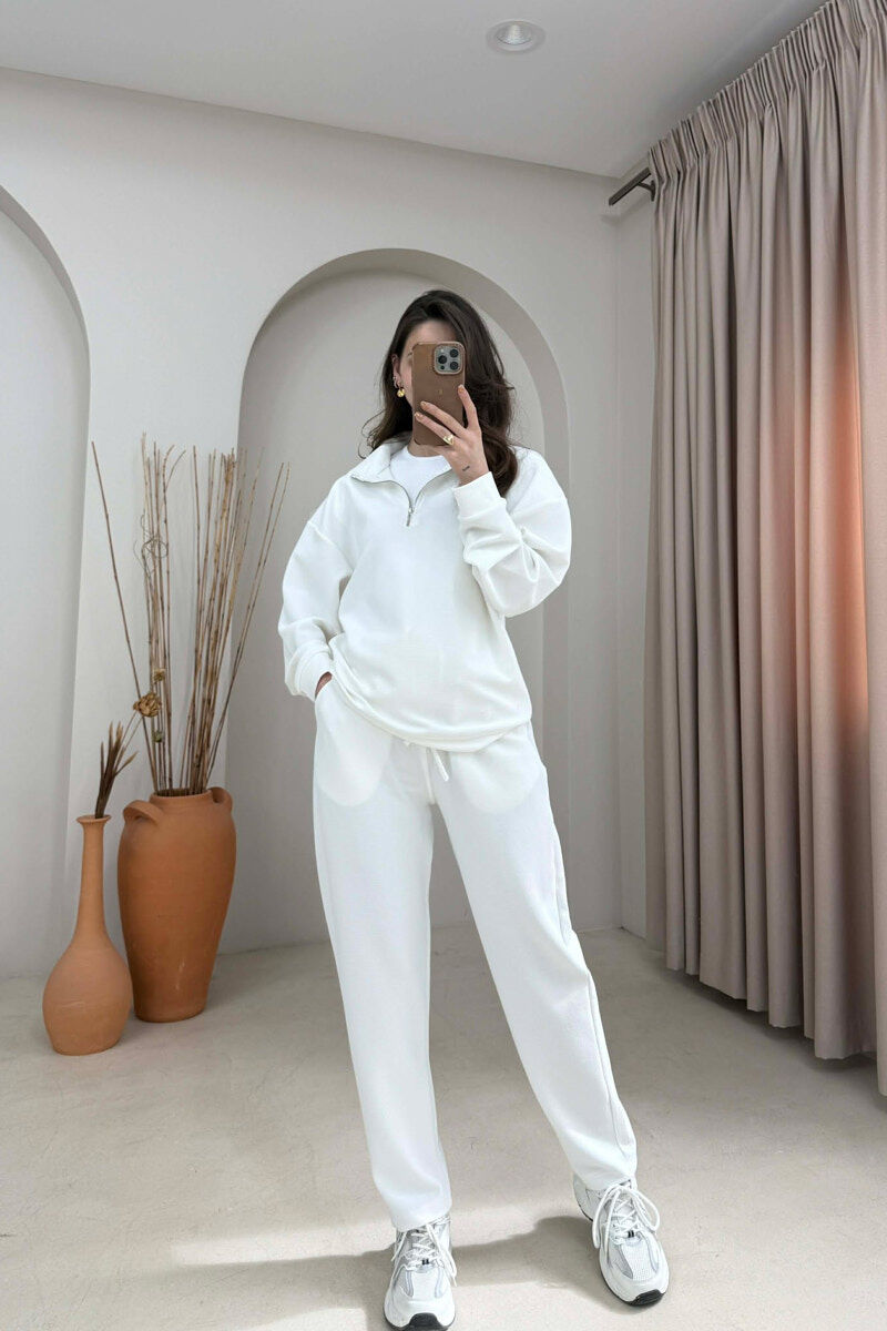 ONE COLOR ZIPPER SWEATSHIRT + SWEATPANTS WOMAN SET WHITE-E BARDHE - 2