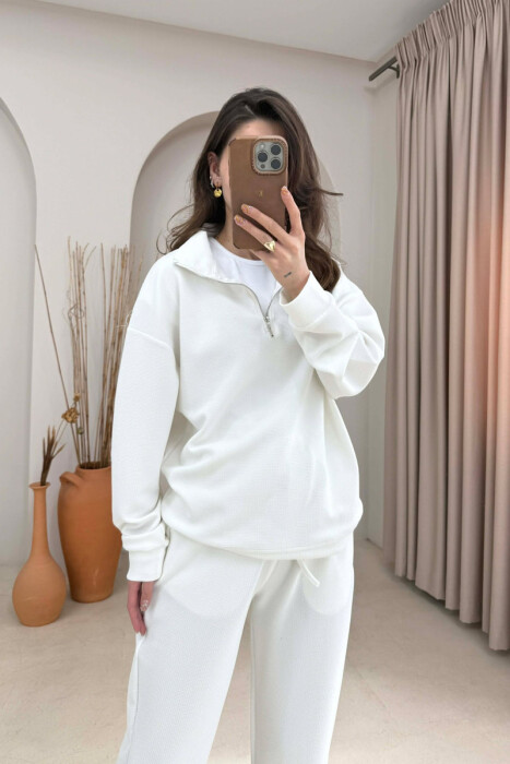 ONE COLOR ZIPPER SWEATSHIRT + SWEATPANTS WOMAN SET WHITE-E BARDHE - 3