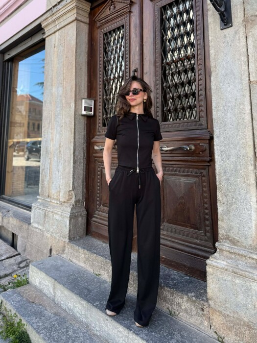 ONE COLOR ZIPPER T-SHIRT + SWEATPANTS WOMAN SET BLACK/ E ZEZE - 1