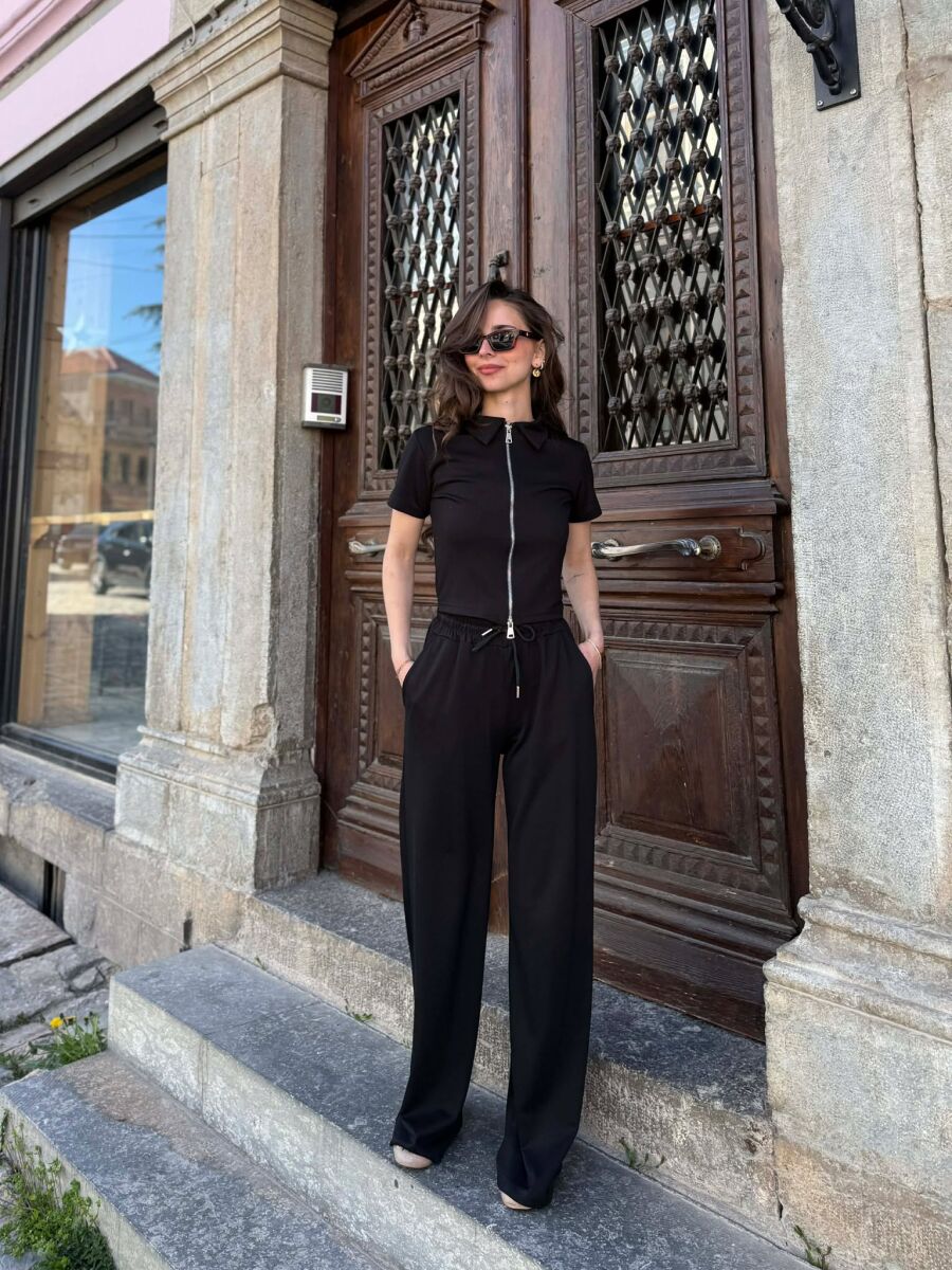 ONE COLOR ZIPPER T-SHIRT + SWEATPANTS WOMAN SET BLACK/ E ZEZE - 1