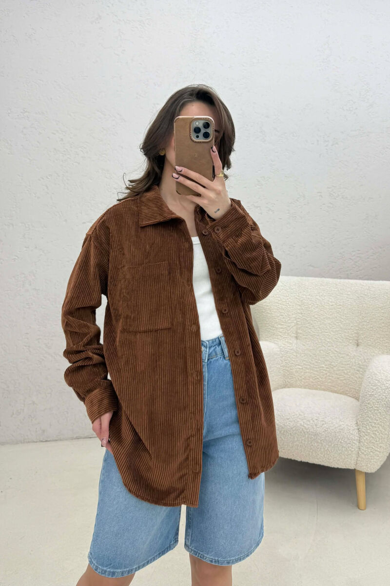 ONE FRONT POCKET WOMAN SHIRT DARK BROWN/KAE - 1