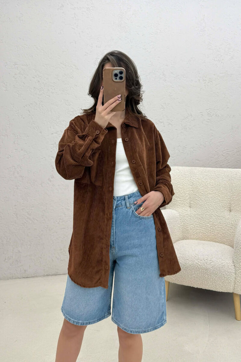 ONE FRONT POCKET WOMAN SHIRT DARK BROWN/KAE - 2