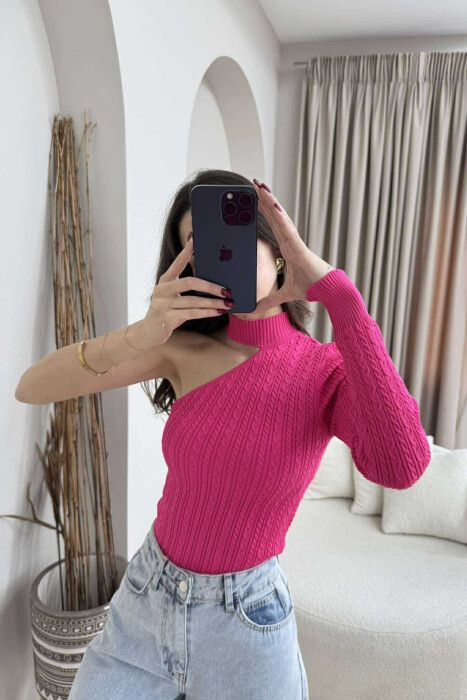 ONE SLEEVE SIMPLE WOMEN SWEATER FUCHSIA/CIKLAMI - 1