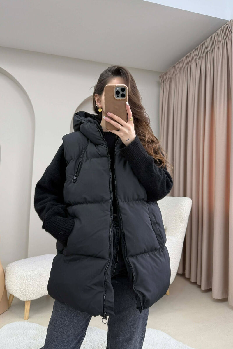 OVERSIZE ONE COLOR SIMPLE HOODED WOMAN VEST BLACK/ E ZEZE - 2