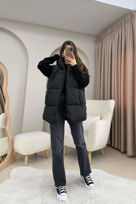 OVERSIZE ONE COLOR SIMPLE HOODED WOMAN VEST BLACK/ E ZEZE - 3