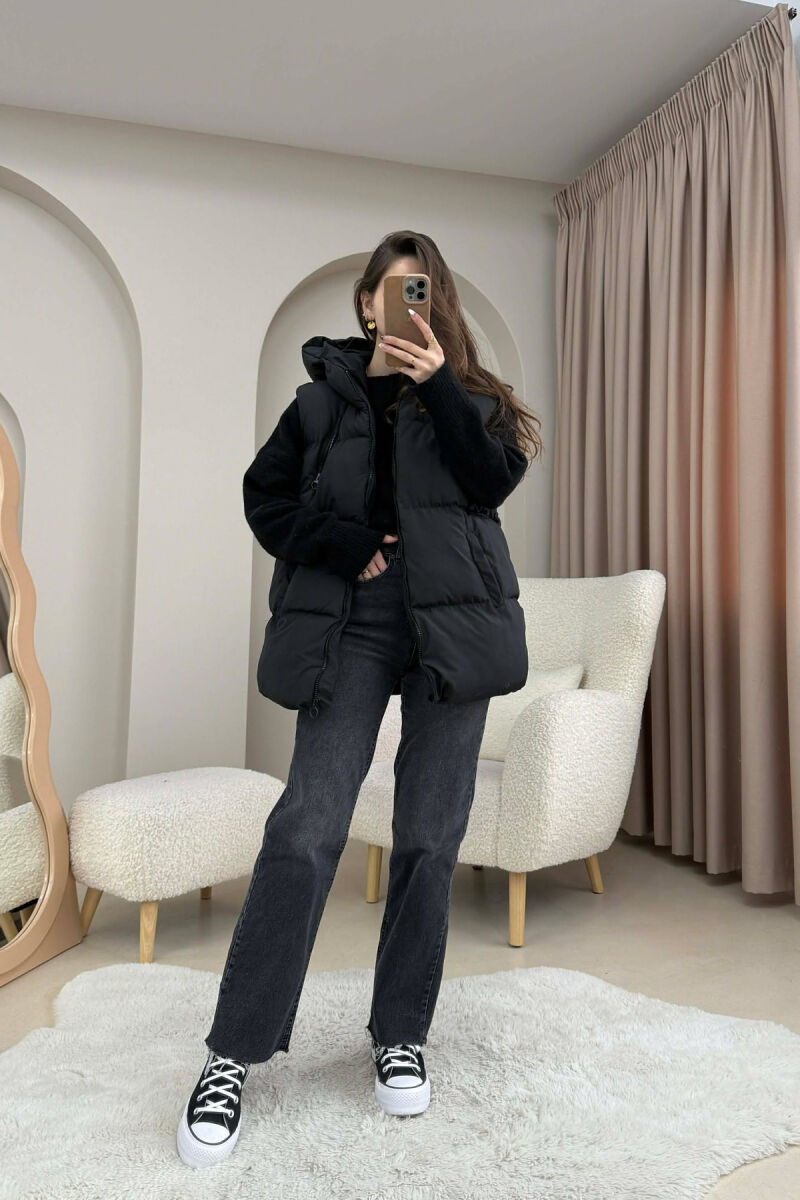 OVERSIZE ONE COLOR SIMPLE HOODED WOMAN VEST BLACK/ E ZEZE - 5