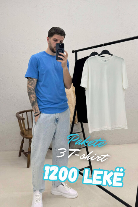 PACK OF 3 PIECES ONE COLOR SIMPLE MEN T-SHIRT WHITE+BLACK+BLUE - KLAUDIO FASHION