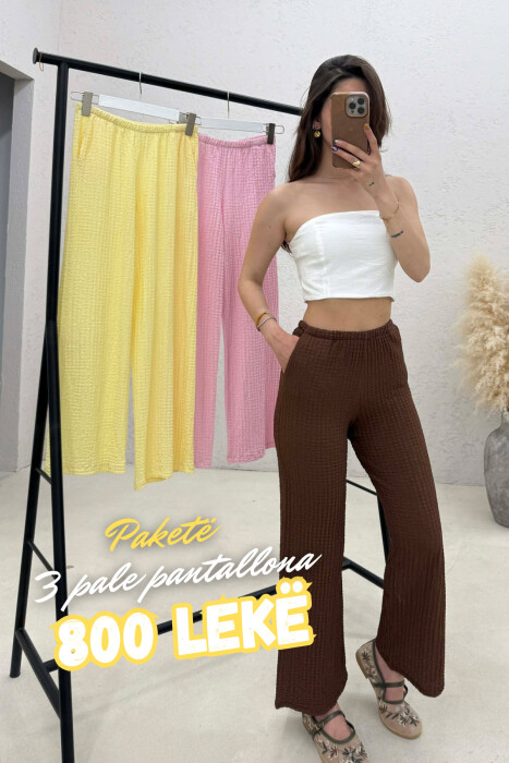 PACK OF 3 PIECES WOMAN TROUSERS BROWN+ PINK+YELLOW - KLAUDIO FASHION