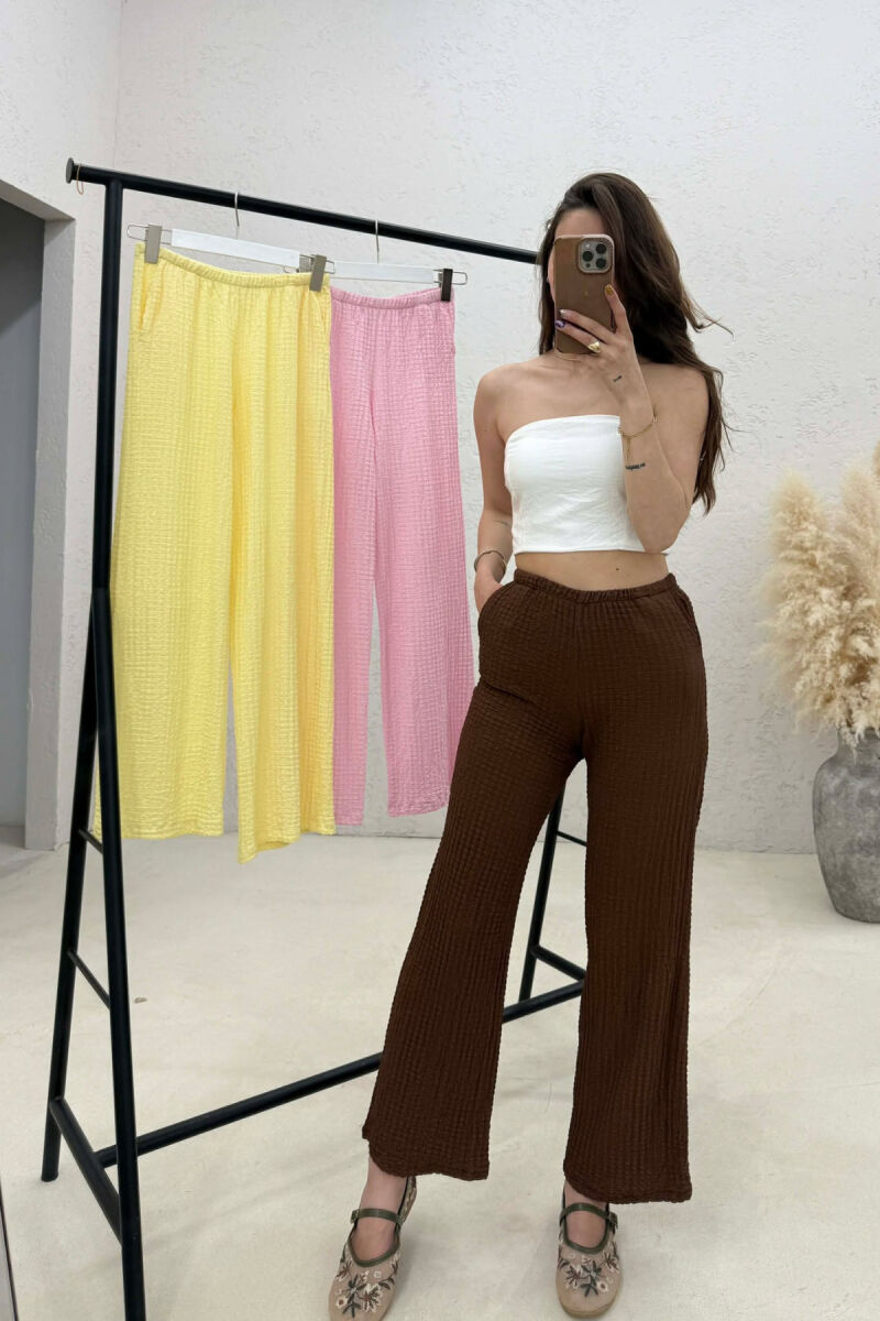 PACK OF 3 PIECES WOMAN TROUSERS BROWN+ PINK+YELLOW - 2