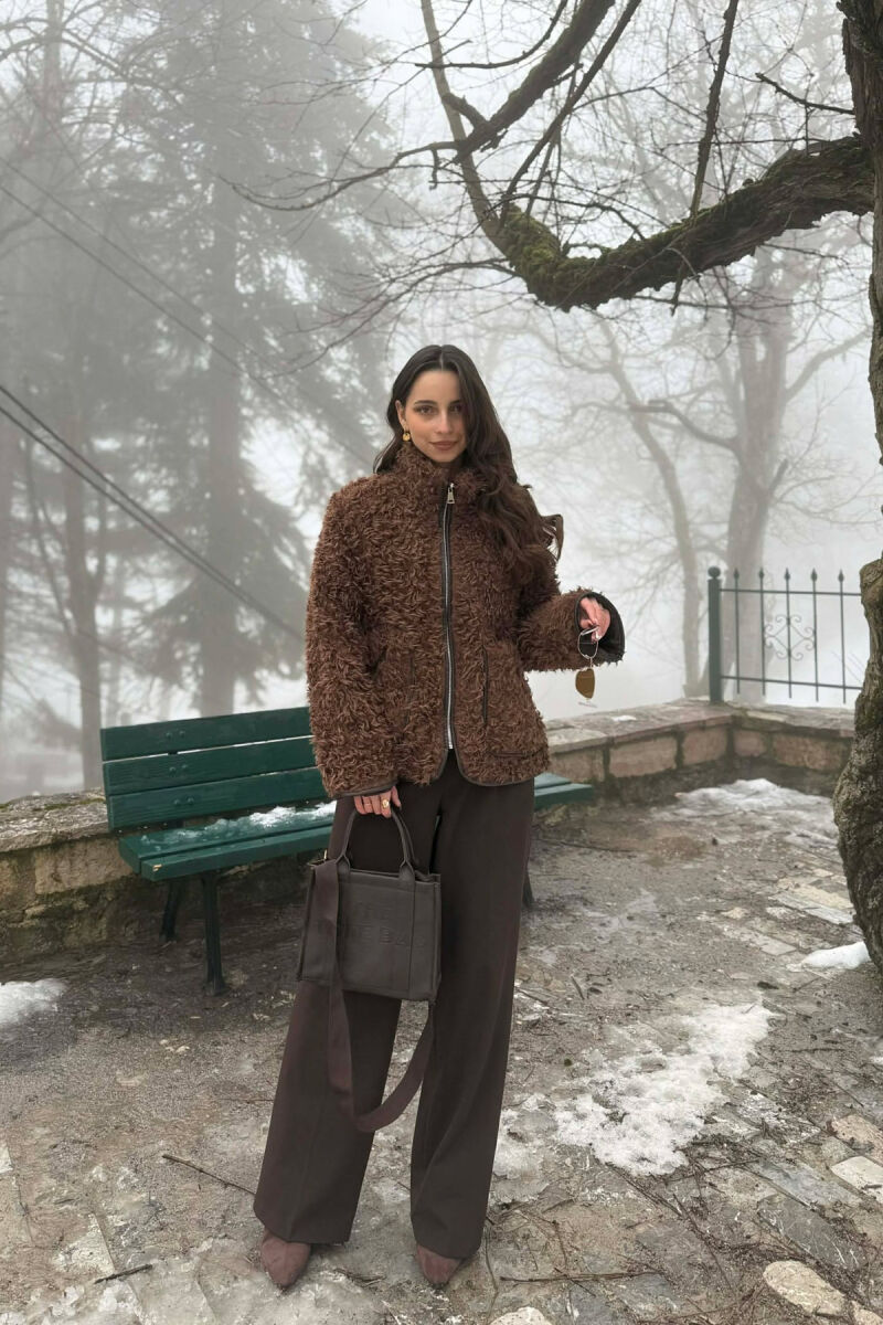 PALLTO NJE NGJYRESHE ME GEZOF DHE XHEPA NE PJESEN PARA PER FEMRA NE NGJYRE KAFE - 6