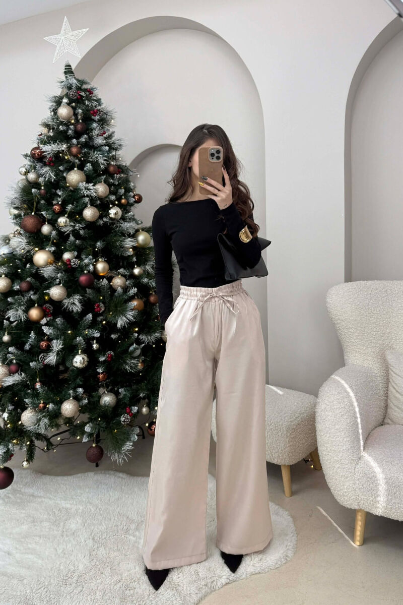 PANATLLONA ME SHKËLQIM ME LIDHËSE DHE BEL ELASTIK PËR FEMRA NË NGJYRË BEZHË - 3