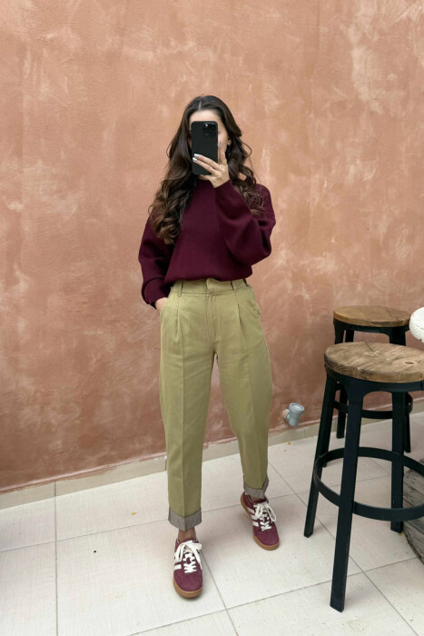 PANTALLONA NJË NGJYRËSHE ME BEL ELASTIK PËR FEMRA NË NGJYRËN JESHILE - 1