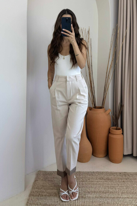 PANTALLONA NJË NGJYRËSHE ME BEL ELASTIK PËR FEMRA NË NGJYRËN KREM - 6