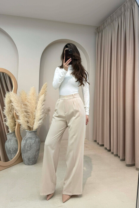 PANTALLONA NJE NGJYRESHE ME BEL GJYSEM ELASTIK PER FEMRA NE NGJYRE KREM - 4