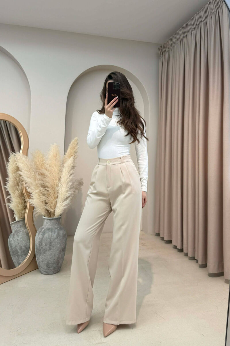 PANTALLONA NJE NGJYRESHE ME BEL GJYSEM ELASTIK PER FEMRA NE NGJYRE KREM - 4