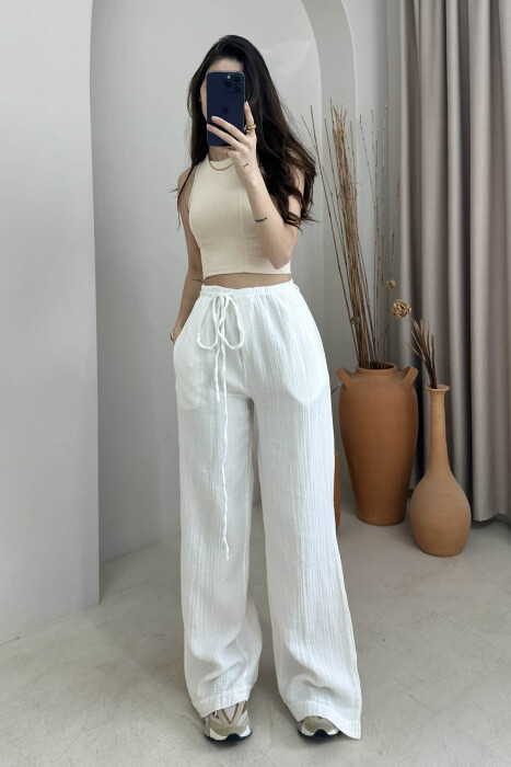 PANTALLONA NJË NGJYRËSHE ME DETAJIN E LIDHSES PËR FEMRA NË NGJYRË E BARDHË 