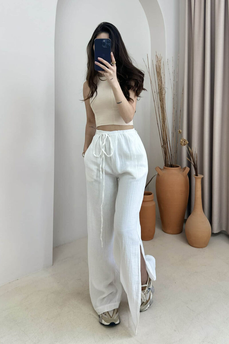 PANTALLONA NJË NGJYRËSHE ME DETAJIN E LIDHSES PËR FEMRA NË NGJYRË E BARDHË - 2