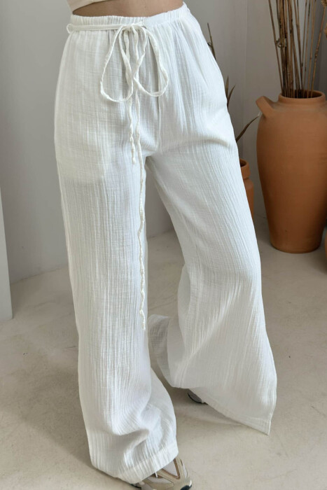 PANTALLONA NJË NGJYRËSHE ME DETAJIN E LIDHSES PËR FEMRA NË NGJYRË E BARDHË - 3