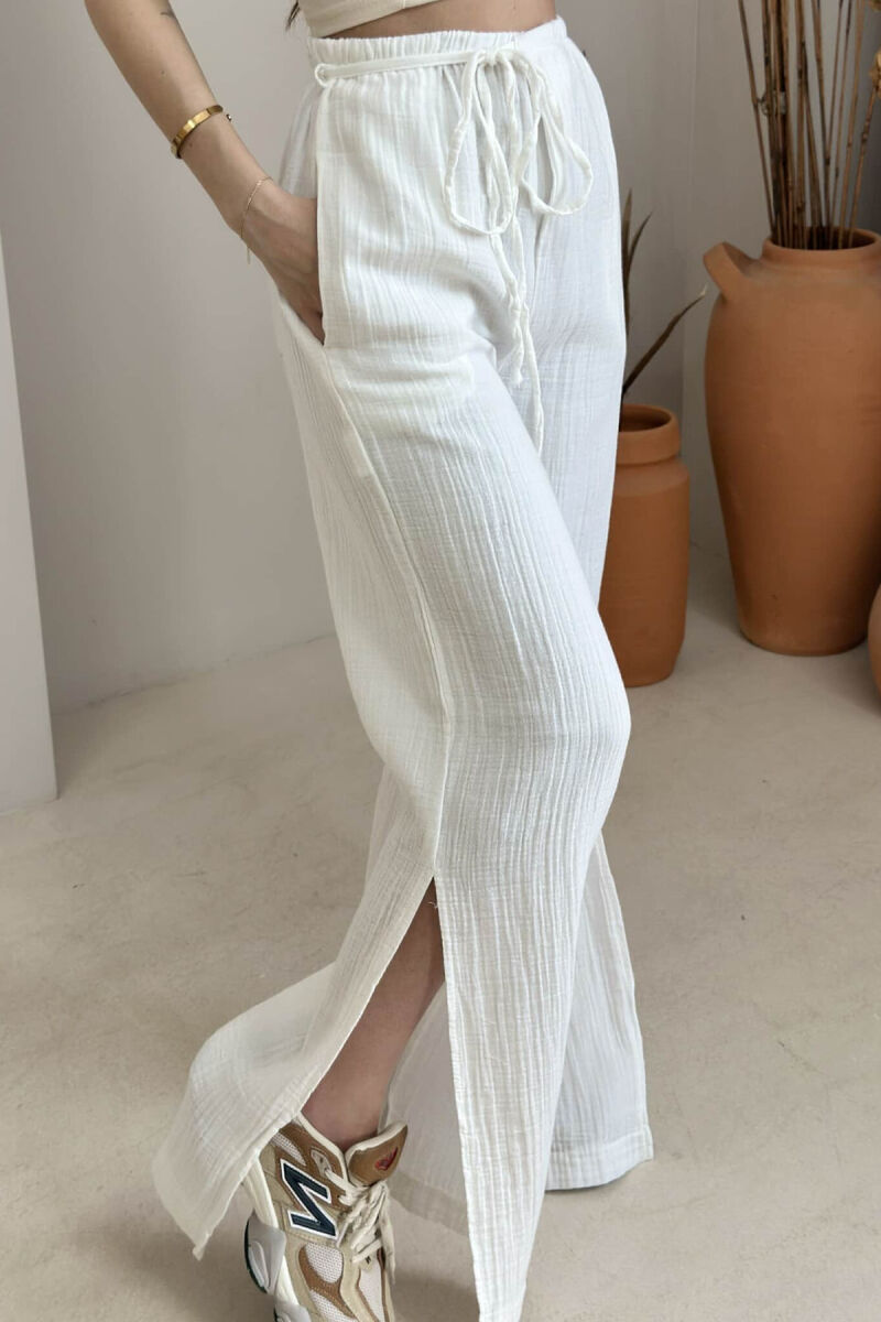 PANTALLONA NJË NGJYRËSHE ME DETAJIN E LIDHSES PËR FEMRA NË NGJYRË E BARDHË - 4