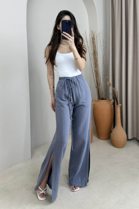 PANTALLONA NJË NGJYRËSHE ME DETAJIN E LIDHSES PËR FEMRA NË NGJYRË GRI - 2