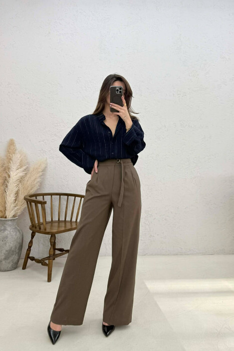 PANTALLONA NJË NGJYRËSHE TË GJERA PËR FEMRA NË NGJYRË KAFE - 5