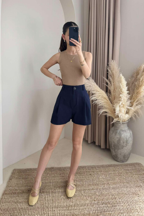 PANTALLONA TË SHKURTRA NJË NGJYRËSHE PËR FEMRA NË NGJYRË BLU E ERRËT - 5