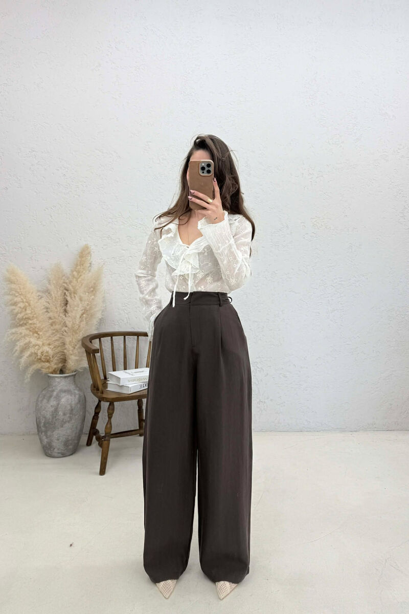 PANTALONA TE GJERA NJE NGJYRESHE PER FEMRA NE NGJYRE KAFE - 1