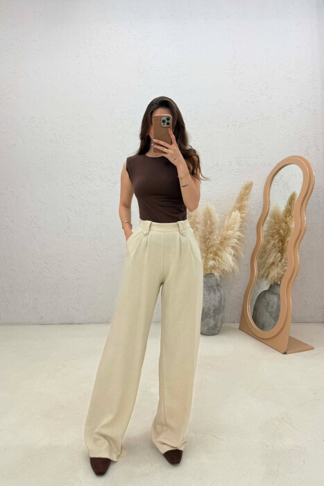 PANTALLONA TE GJERA NJE NGJYRESHE PER FEMRA NE NGJYRE KREM - KLAUDIO FASHION